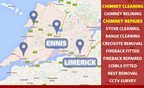 We provide our chimney Repair service in Co. Clare and Co. Limerick including Ennis and Limerick City including Corrofin, Tulla, Newmarket on Fergus, Shannon, Sixmilebridge, Cratloe, Parteen, Limerick city, Mungret, Kildimo, Castletroy, Annacotty and Adare.